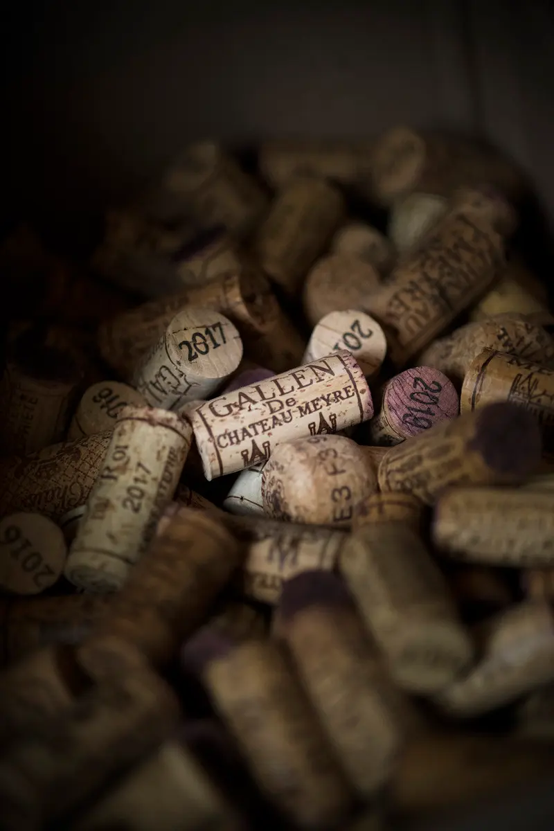 Bouchons de vin de plusieurs millésimes avec un bouchon Gallen de Château Meyre au centre.