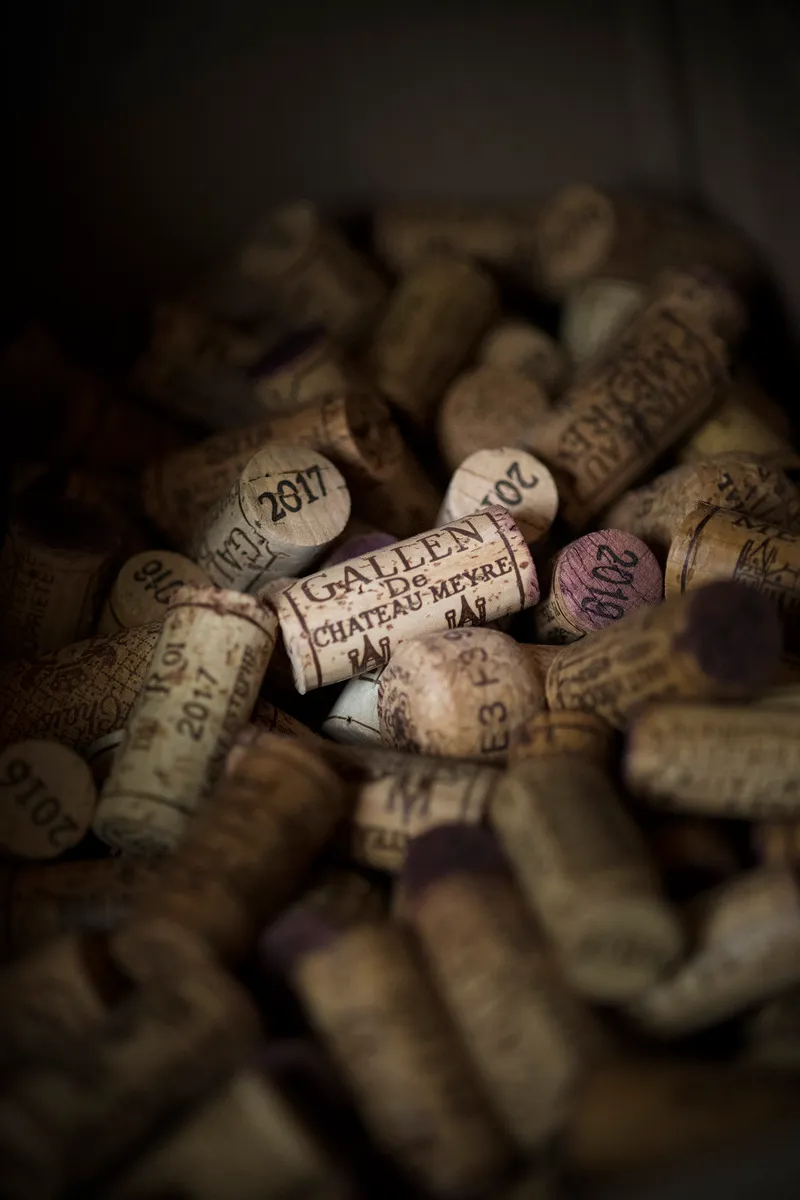 Wine corks from several vintages with a Gallen de Château Meyre cork in the centre.