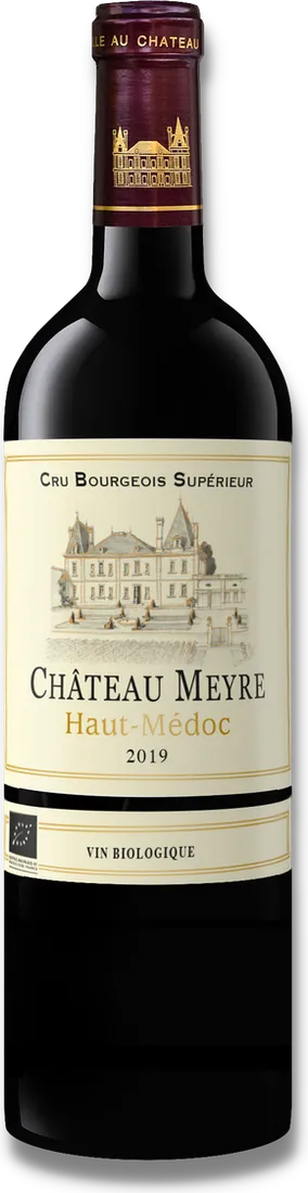 Bouteille de Château Meyre, vin rouge biologique en AOC Haut-Médoc, avec étiquette crème et capsule bordeaux.