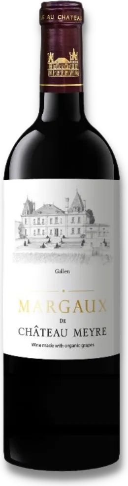 Bouteille de Gallen de Château Meyre, vin rouge en AOC Margaux, avec étiquette blanche illustrée du château.