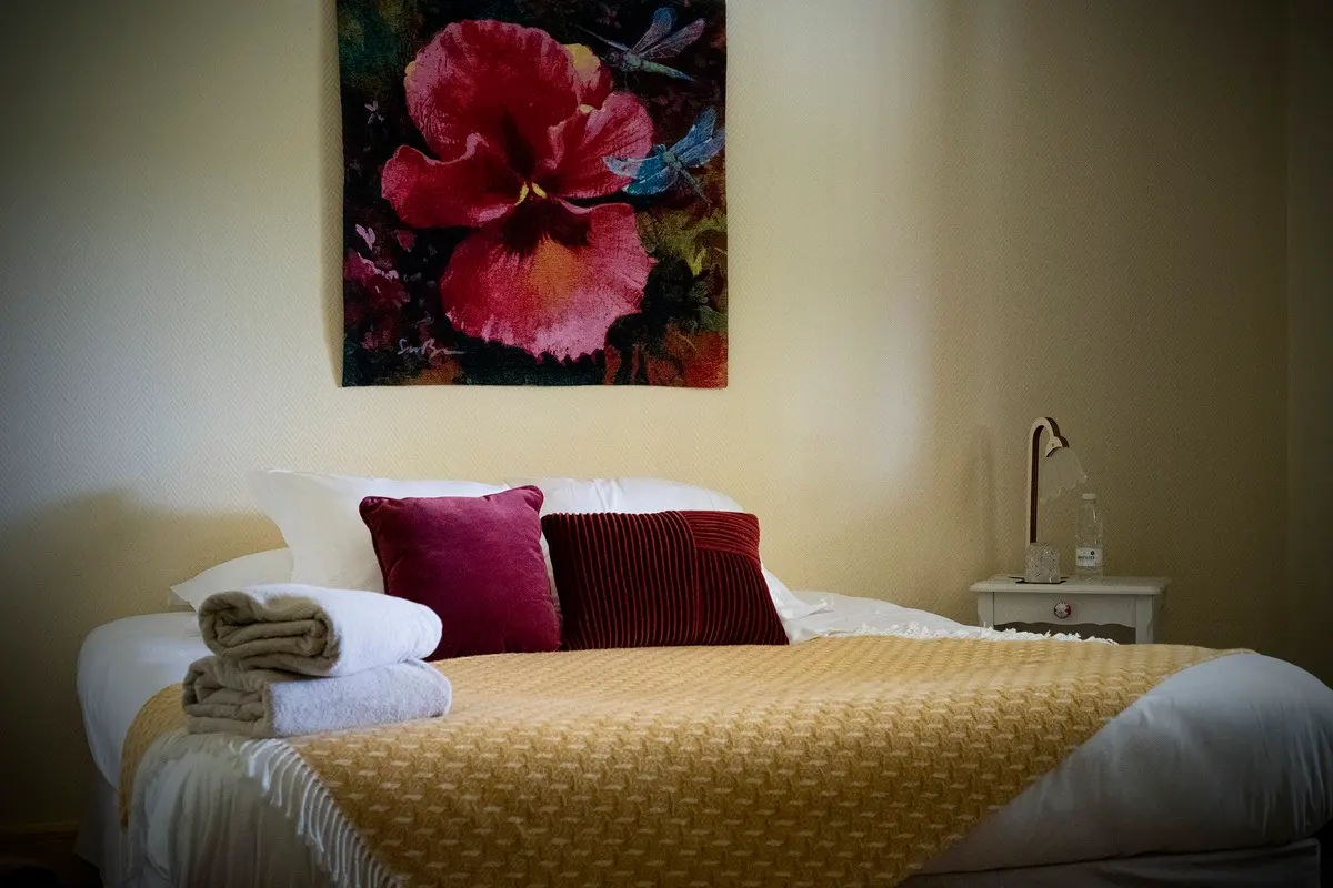 Lit double, coussins bordeaux et tableau floral dans la chambre Ceres du Clos de Meyre.