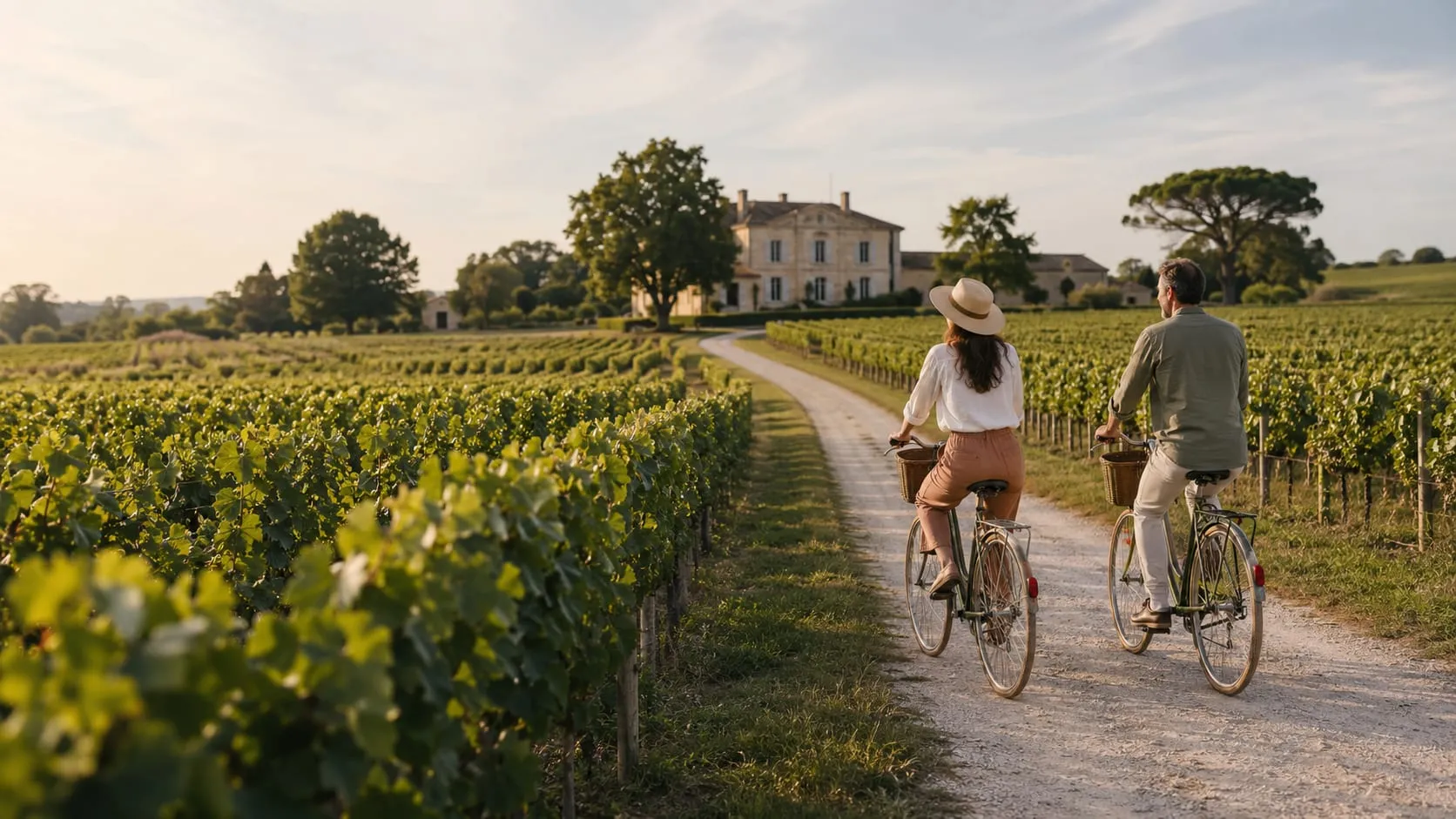 Couple à vélo sur un chemin bordé de vignes en direction d’un château.